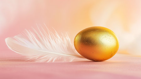 A golden egg resting gently beside a delicate white feather on a soft pink background symbolizing luxury or Easter celebrationの素材
