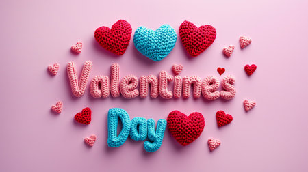 Knitted hearts and text reading Valentines Day arranged on a pink background to celebrate Valentines Dayの素材
