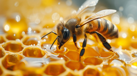 A close up image of a honeybee gathering nectar on a honeycomb, showing intricate details and a golden honey backdropの素材