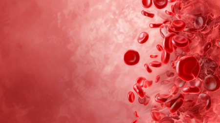 3D illustration of red blood cells in a dynamic flow, representing the concept of the human circulatory system or medical blood related themesの素材