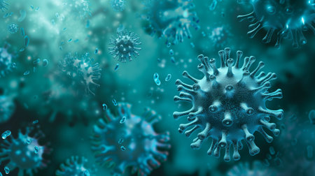 Digital illustration of numerous blue virus particles against a teal background, symbolizing health concepts and the spread of infectious diseasesの素材