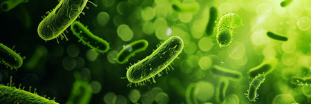 3D illustration of green bacteria cells on a dark background symbolizing scientific research in microbiology and biotechnologyの素材