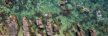 Aerial view of clear coastal waters revealing submerged rocks and aquatic vegetation, highlighting...