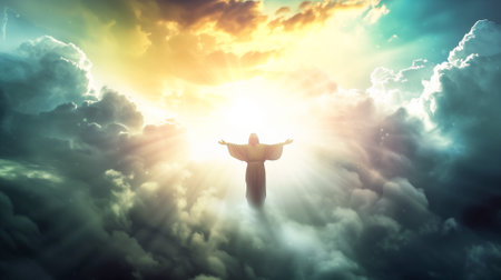 Majestic figure with outstretched arms standing above clouds with radiant sunlight, depicting divine inspiration or religious enlightenment conceptの素材