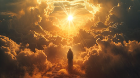 Silhouetted figure walking towards the radiant sun amidst majestic ...