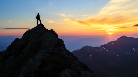 Silhouetted hiker standing on mountain peak at sunset with vibrant sky, conveying a sense of achievement and adventureの素材