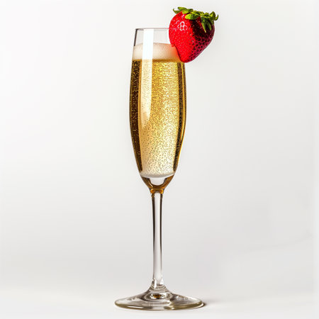 A champagne flute with sparkling wine and a fresh strawberry garnish on a white background, suitable for celebrations and romantic occasionsの素材