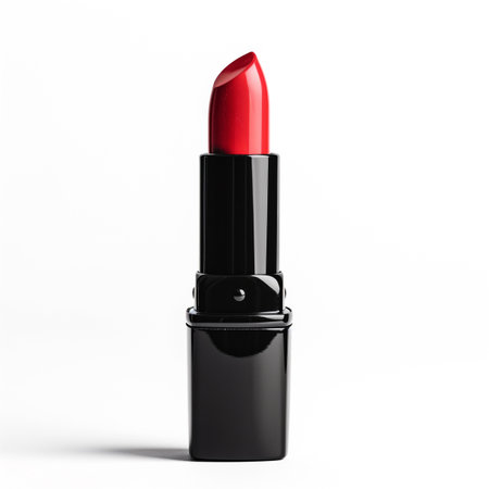 Classic red lipstick with a black case isolated on white background, beauty and cosmetics conceptの素材