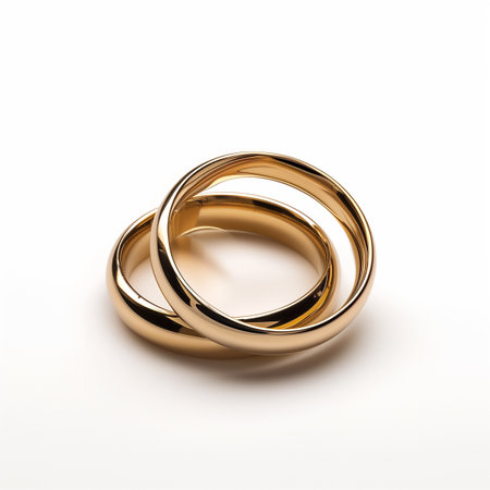 Two intertwined gold wedding bands on a white background, symbolizing unity and marriage commitmentの素材