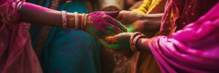 Hands adorned with colorful powder celebrate Holi, the Hindu festival of colors, symbolizing joy and the triumph of good over evilの素材
