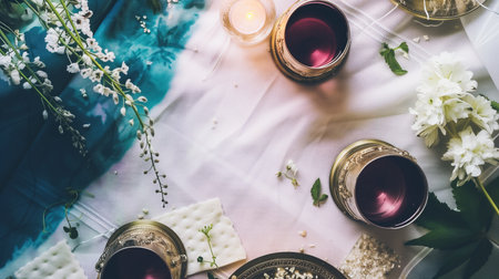 Flat lay of Passover Seder table with wine cups, matzah, and spring flowers, evoking a festive Jewish holiday atmosphereの素材