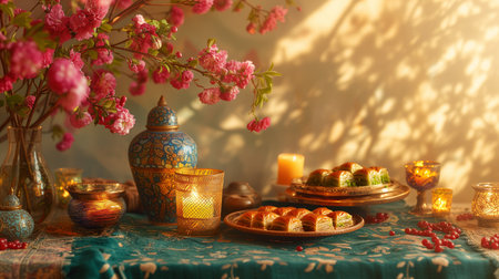 A festive table setting with glowing lanterns, vibrant flowers, and traditional sweets, possibly celebrating Diwali, the Hindu festival of lightsの素材