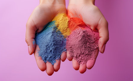Hands holding vibrant colored powders against a pink background, conceptually related to the Holi festival celebrationsの素材