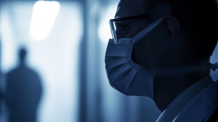 Silhouetted healthcare professional in protective mask and eyeglasses against a blurred background, representing medical workers during a health crisisの素材
