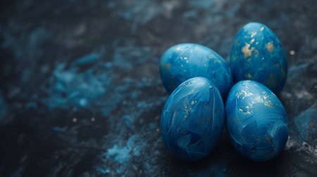 A cluster of painted blue and gold Easter eggs on a dark textured background, depicting holiday themed decorationの素材