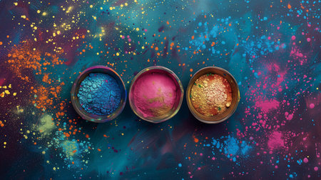 Three bowls of colorful powdered pigments on a vibrant background, symbolizing the festival of Holiの素材
