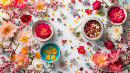 Flat lay of colorful fresh flowers and petals spread on a white background, possibly symbolizing spring or a floral conceptの素材