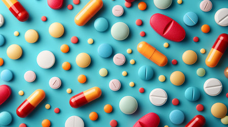Colorful pills on blue background, top view. Health care conceptの素材