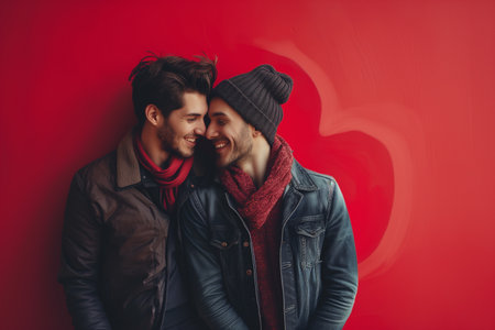 Two young men in love hugging each other on a red background.の素材