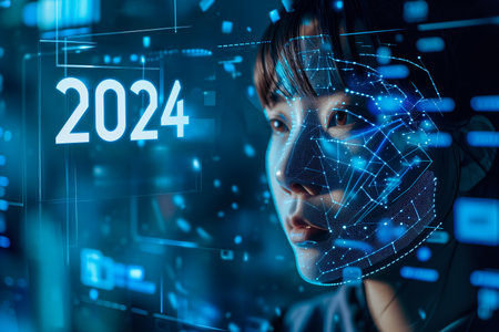 Futuristic woman with digital facial recognition interface showing 2024, concept of advanced technology and biometric verification systemの素材
