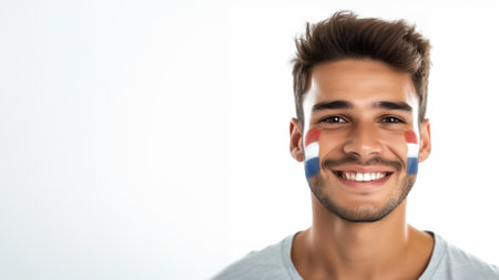 Portrait of a cheerful young man with French flag face paint, representing sports fan excitement for the Olympic Games in Paris, with ample copy space for text on a white backgroundの素材