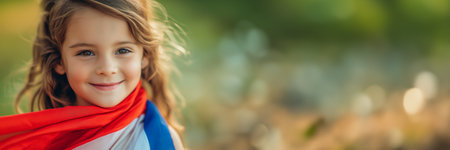 Portrait of a cheerful young girl draped in a French flag with ample copy space on the right, evoking the spirit of the Olympic Games in Parisの素材