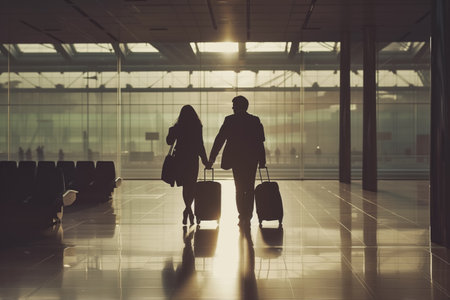 Silhouette of business people walking in airport terminal with luggage.の素材