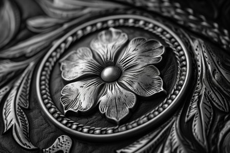 Metal background with a flower. Black and white. Close-up.の素材