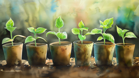 Stages of plant growth depicted in a row of biodegradable pots, ideal for Earth Day promotions and environmental education materials, with ample copy space on a bokeh backgroundの素材