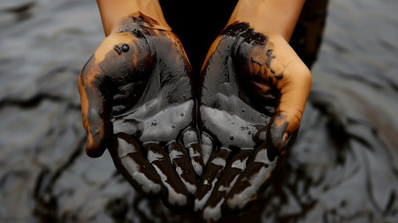 Two cupped human hands coated in shiny black oil against a blurred water background, symbolizing environmental pollution and the need for conservationの素材