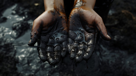 Two human hands cupped and covered in glistening black mud against a dark background, capturing a concept of pollution or environmental conservationの素材