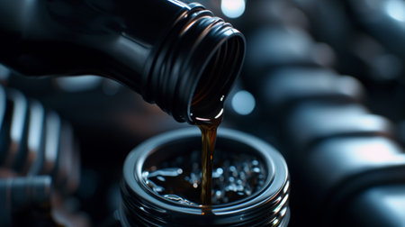 Pouring engine oil into a car engine, close-up.の素材