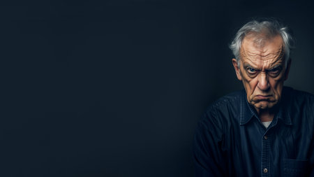 Elderly Caucasian man with a scornful expression on a dark, copy space background, ideal for concepts about emotions, reactions, or character studiesの素材