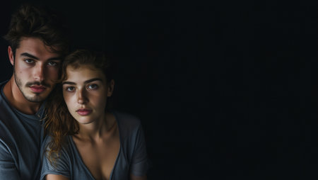 Intimate portrait of a young couple with serious expressions against a dark background with ample copy space, suitable for concepts of relationships and emotionsの素材