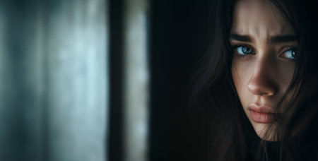 Caucasian woman with intense gaze looking through a window, space for text on left, concept of contemplation or longingの素材