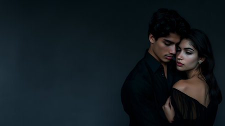 Intimate couple embracing in elegant attire on a dark, moody background with ample copy space, ideal for themes of love, romance, or fashion, with a focus on young adult ethnicityの素材