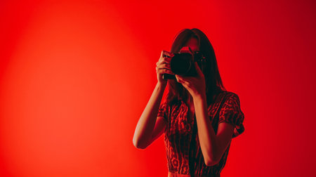 beautiful girl in a red dress with a camera on a red backgroundの素材