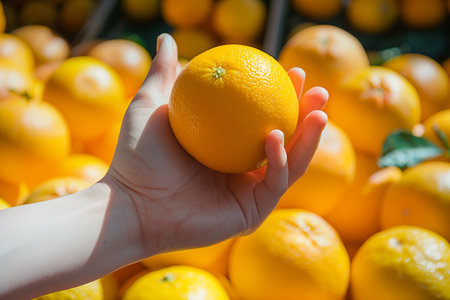 Bright orange held in a persons hand, with a blurred background of citrus fruits, conveying freshness and natural produce, copy space on the rightの素材