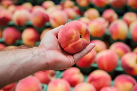 Close up of a hand holding a ripe peach with a blurred background full of fresh peaches, ideal for healthy eating concepts with copy spaceの素材