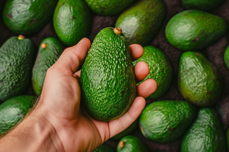 Close up of a persons hand holding a ripe avocado against a background of multiple avocados, suitable for healthy eating and food industry concepts, with space for textの素材