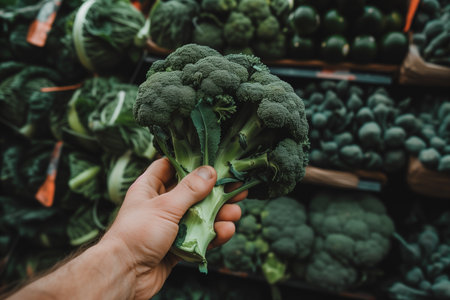 Hand selecting fresh broccoli at a grocery store with ample space for text on the right, healthy organic food shopping conceptの素材