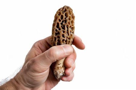 Close up of a Caucasian hand holding a morel mushroom against a white background with space for text on the right, perfect for culinary concepts or foraging themesの素材