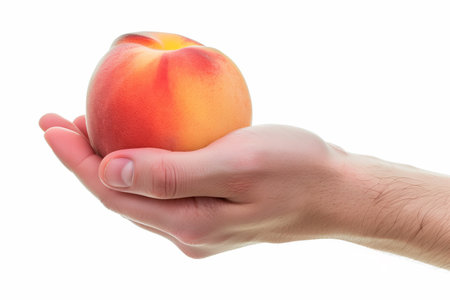 Close up of a Caucasian hand presenting a ripe peach with a white background and space for text, suitable for healthy eating concepts or food advertisingの素材