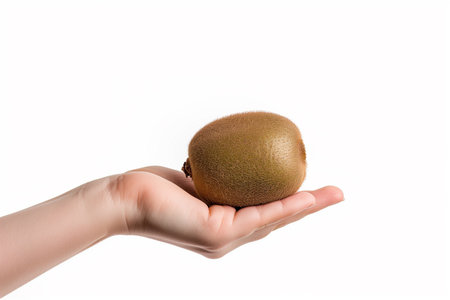 Close up of a Caucasian hand holding a ripe kiwifruit, isolated on a white background with copy space for textの素材