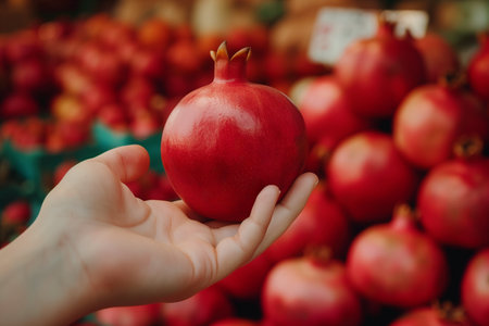 Close up of a fresh, red pomegranate held in a persons hand with a blurred background of pomegranates, ideal for healthy eating concepts and food backgrounds with copy spaceの素材