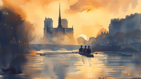 Three silhouetted people rowing on calm waters with the Notre Dame Cathedral in the background during a scenic Paris sunset, ideal for travel themed designs and backgroundsの素材