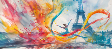 Female ballet dancer performing with colorful ribbons against a creative Eiffel Tower backdrop, ideal for artistic event promotions with space for textの素材