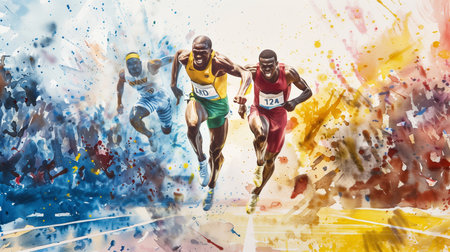 Dynamic artistic illustration of three African male athletes sprinting in a race, with vibrant watercolor splashes, suitable for sports themes and backgrounds with copy spaceの素材