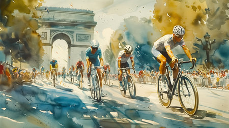 Dynamic watercolor illustration depicting cyclists in action against the backdrop of the Arc de Triomphe, with ample space for text on the vibrant, splash style backgroundの素材