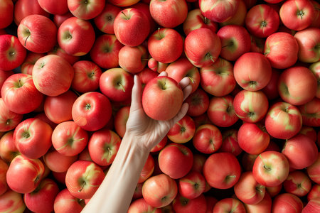 A persons hand picking a ripe red apple from a large group of fresh apples, ideal for healthy lifestyle and nutrition concepts, with space for textの素材